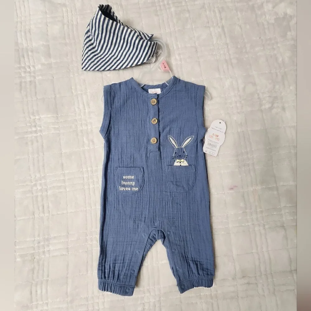 NWT Unisex Easter summer romper and bandana Gauze 100% Cotton set